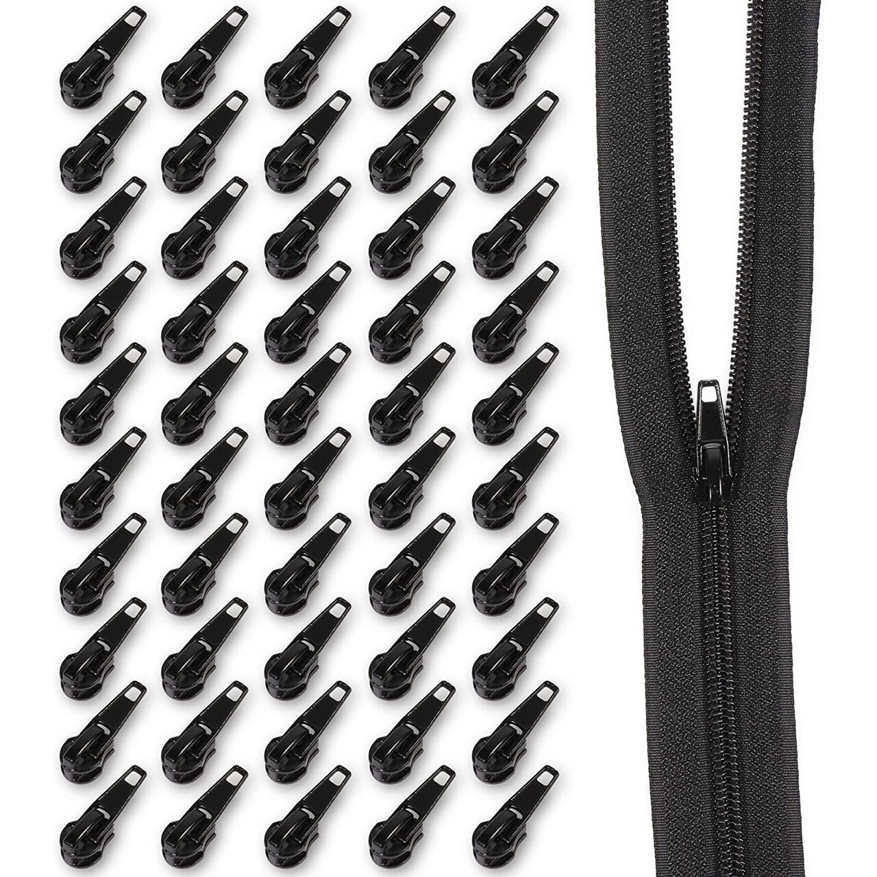 Nylon #5 Coil Zippers Set for Sewing Supplies, 50 Yards (Black, 51 Pieces)